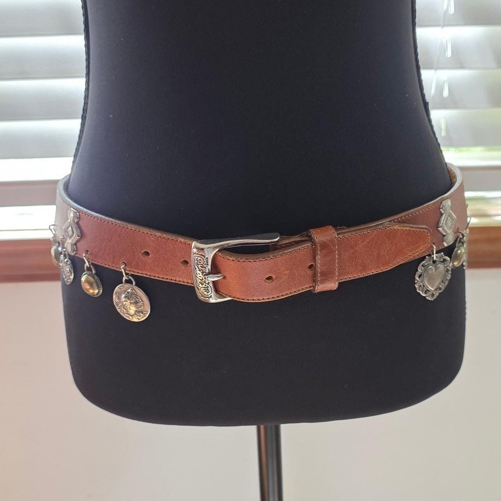 Vintage Brighton L Brown Leather Charm Medallion Belt Silver Buckle Heart 30-34"